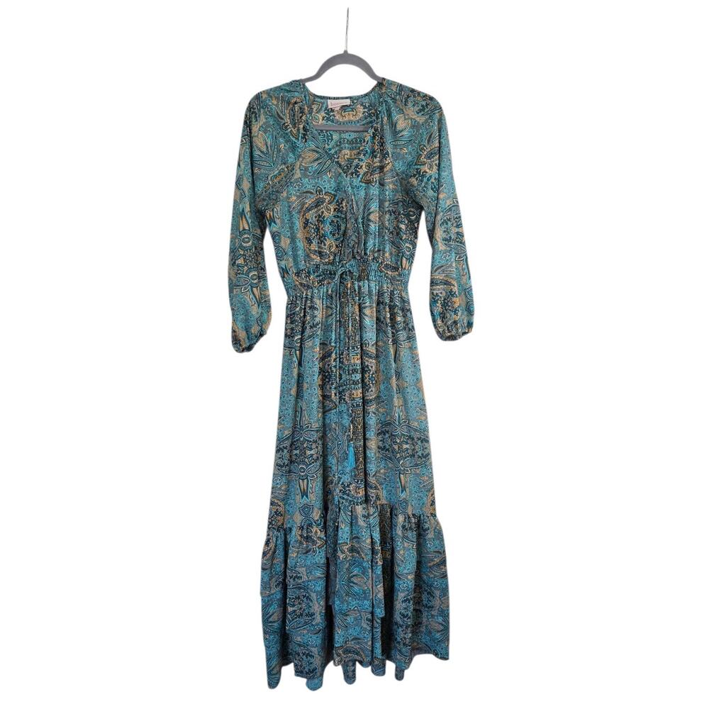 Boemo Anthropologie Green Paisley Ruffle Boho Festival Maxi Dress, Size Small